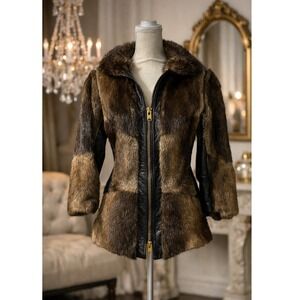 David Hochstein Vintage Genuine Leather & Fur Coat with Beaver Collar Size Small
